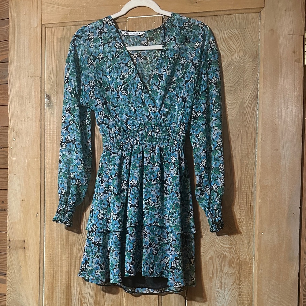 Zara Teal Floral Long Sleeve Dress